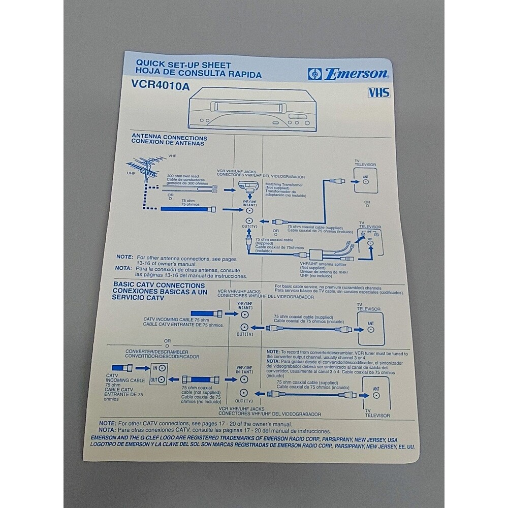 Emerson Manual VCR4010A VHS Quick Setup Sheet Illustrated Paper